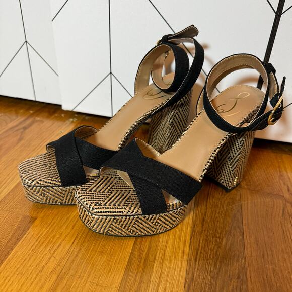 Sam Edelman Nolita Womens 8 Black Tan Weave Platform Sandals Block Ankle Strap - Picture 1 of 9